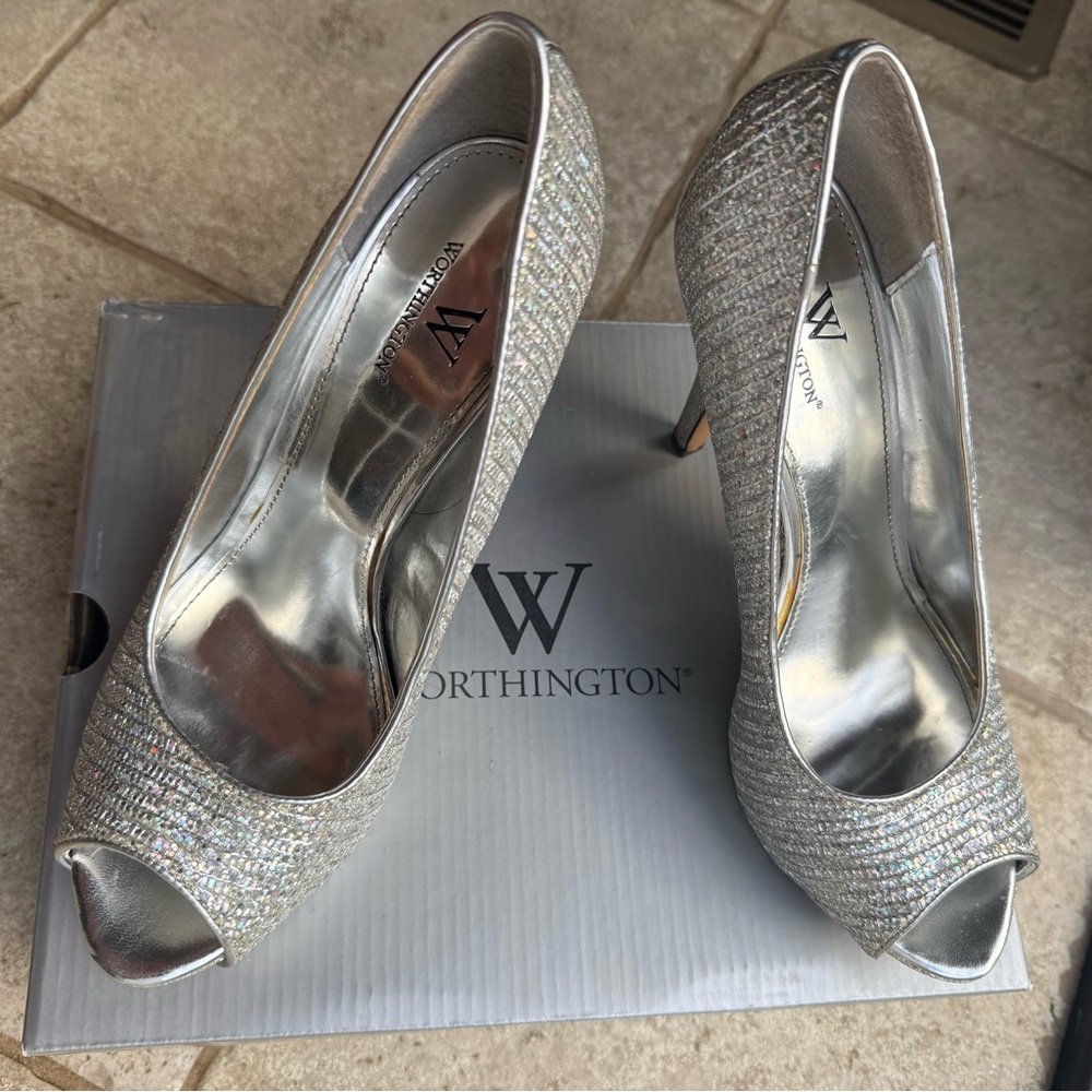 Worthington Glittering Silver Peep Toe Heels